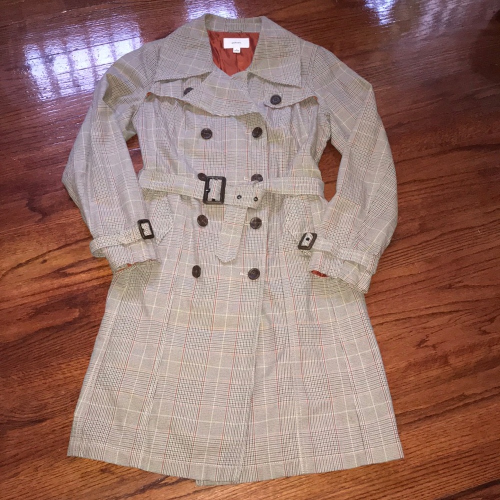 Brown and orange plaid trench coat